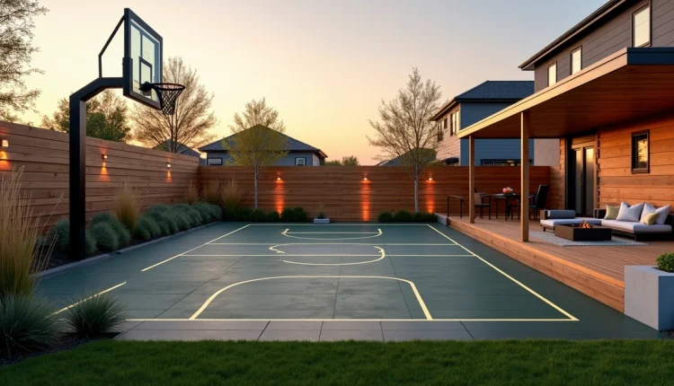 Backyard basketball court at sunset with a wooden fence, seating patio, and modern house extension on the rightside.