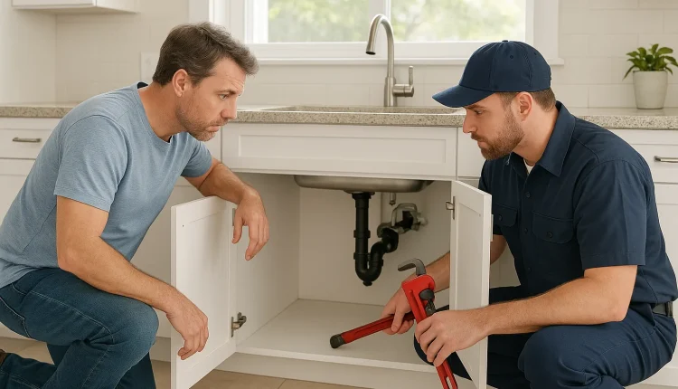 Two men repair under a kitchen sink: a homeowner and a plumber with a red pipe wrench.