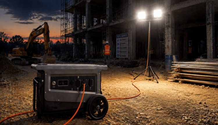 Construction site at dusk with a portable generator in the foreground, a worker in a reflective vest, and bright work lights illuminating an unfinished building.